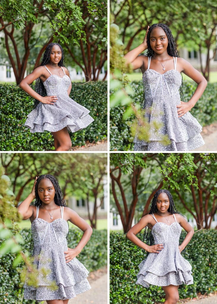 Birthday portraits of Aris wearing a silver sequin dress and tiara outdoors.