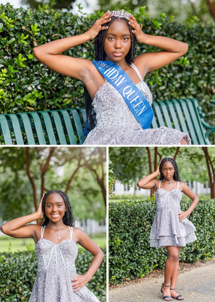 Outdoor collage of Aris wearing her silver birthday dress among green trees and shrubs.