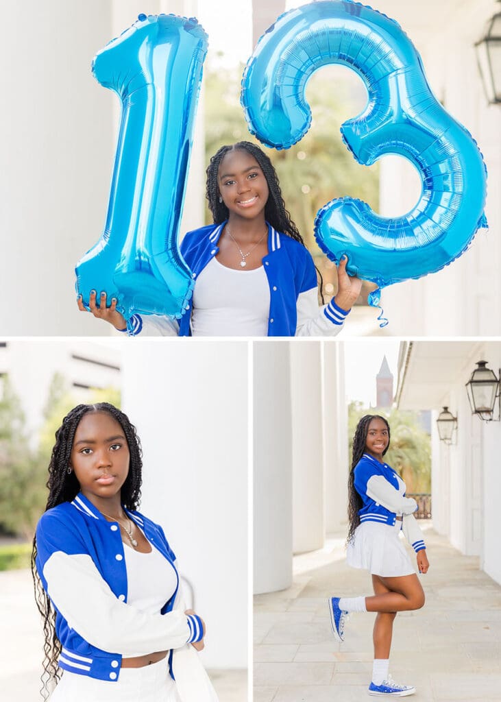 Collage of Aris holding blue number 13 balloons and posing in her blue varsity jacket.