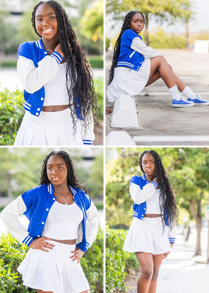 Four portraits of Aris wearing a blue and white varsity jacket and white skirt.