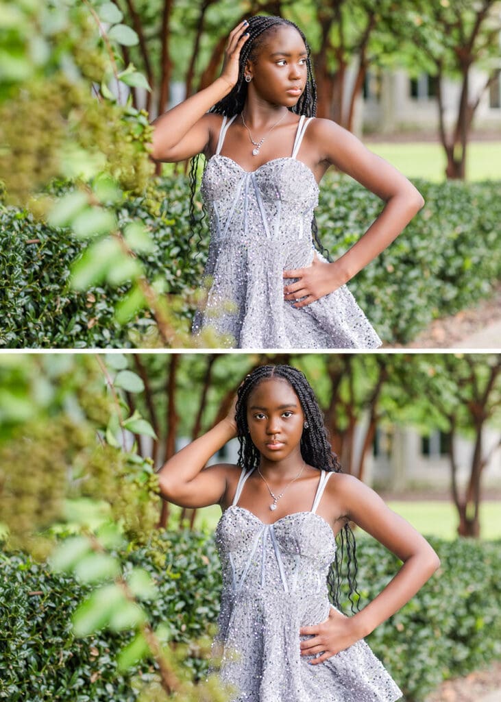 Outdoor collage of Aris wearing her silver birthday dress among green trees and shrubs.