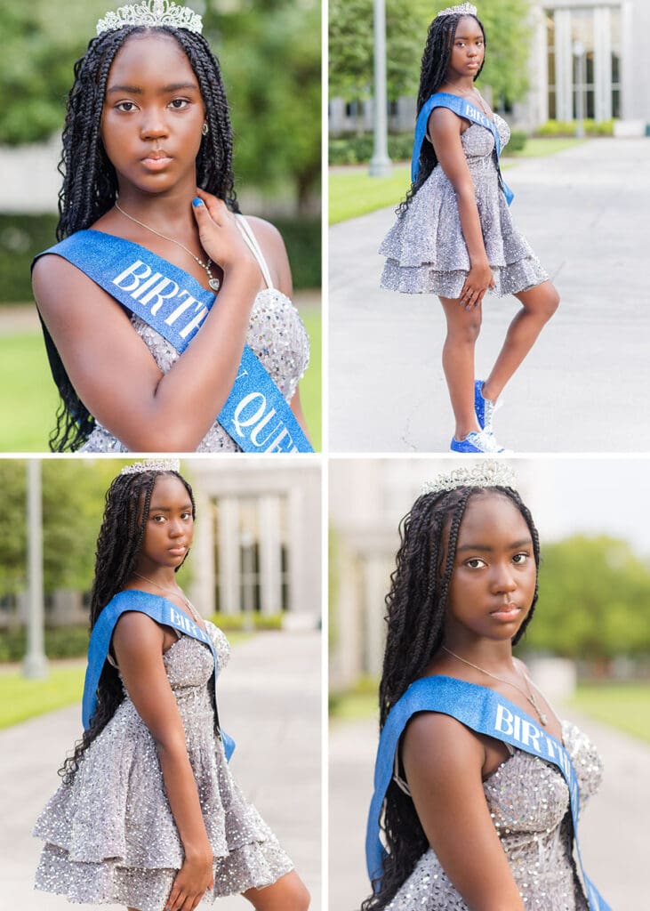 Birthday portraits of Aris wearing a silver sequin dress and tiara outdoors.