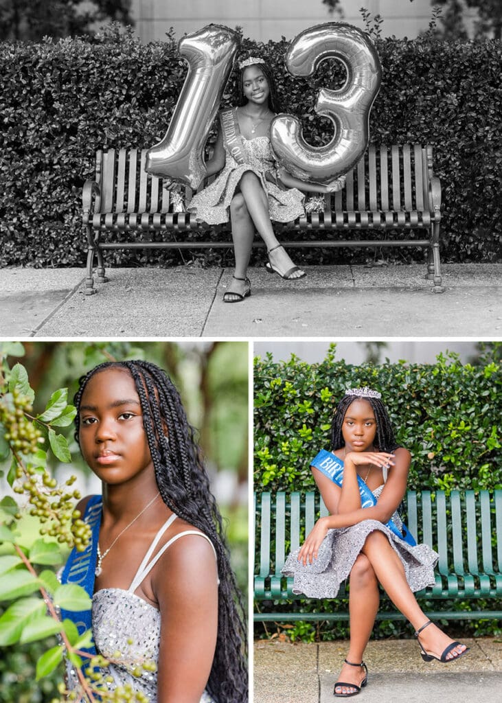 Collage of Aris posing with number 13 balloons and wearing a silver dress and birthday sash.