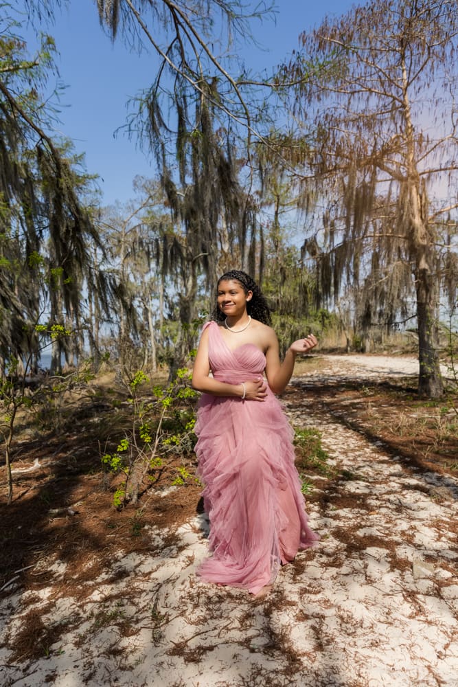 Outdoor photoshoot at Fontainebleau State Park during golden hour