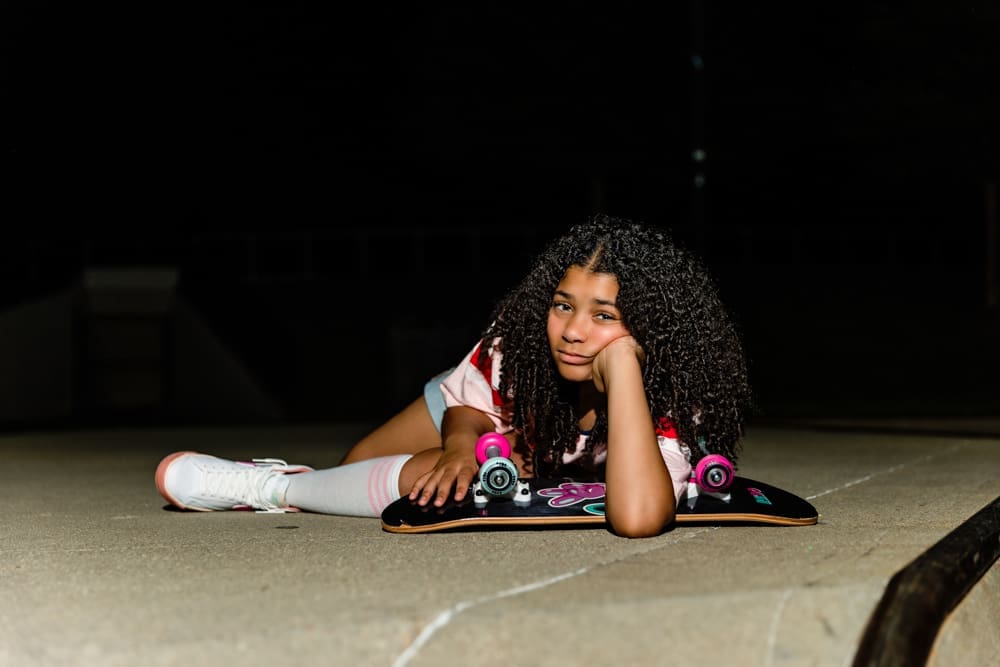 Creative kids birthday photography at a skate park