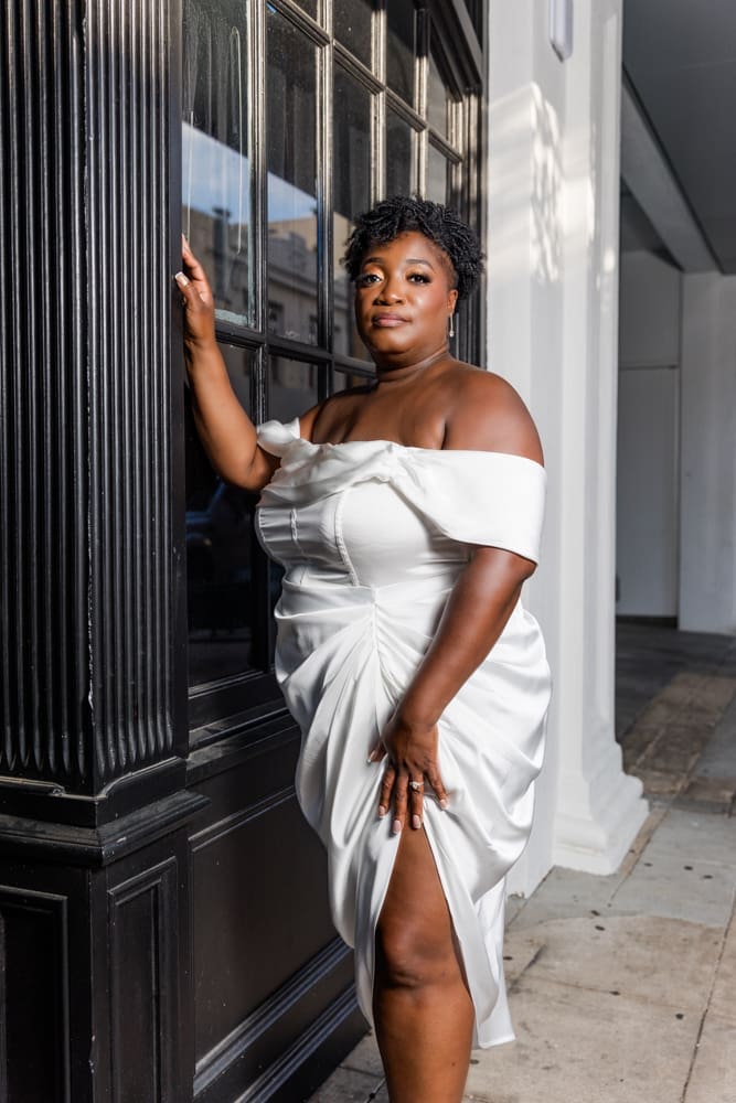 Outdoor engagement portraits captured in Downtown Baton Rouge, Louisiana.