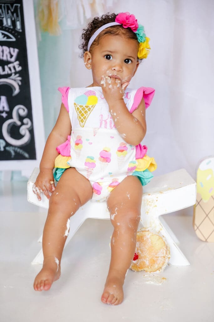 an ice cream studio session with a little girl turning one. 